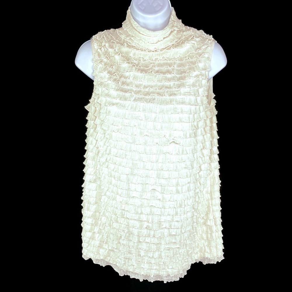 New Direction Cream Ruffle High Neck Top Stretch